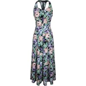 Vintage Floral Jersey Jumpsuit Palazzo Pant Wide Leg Elastic Back Black Purple